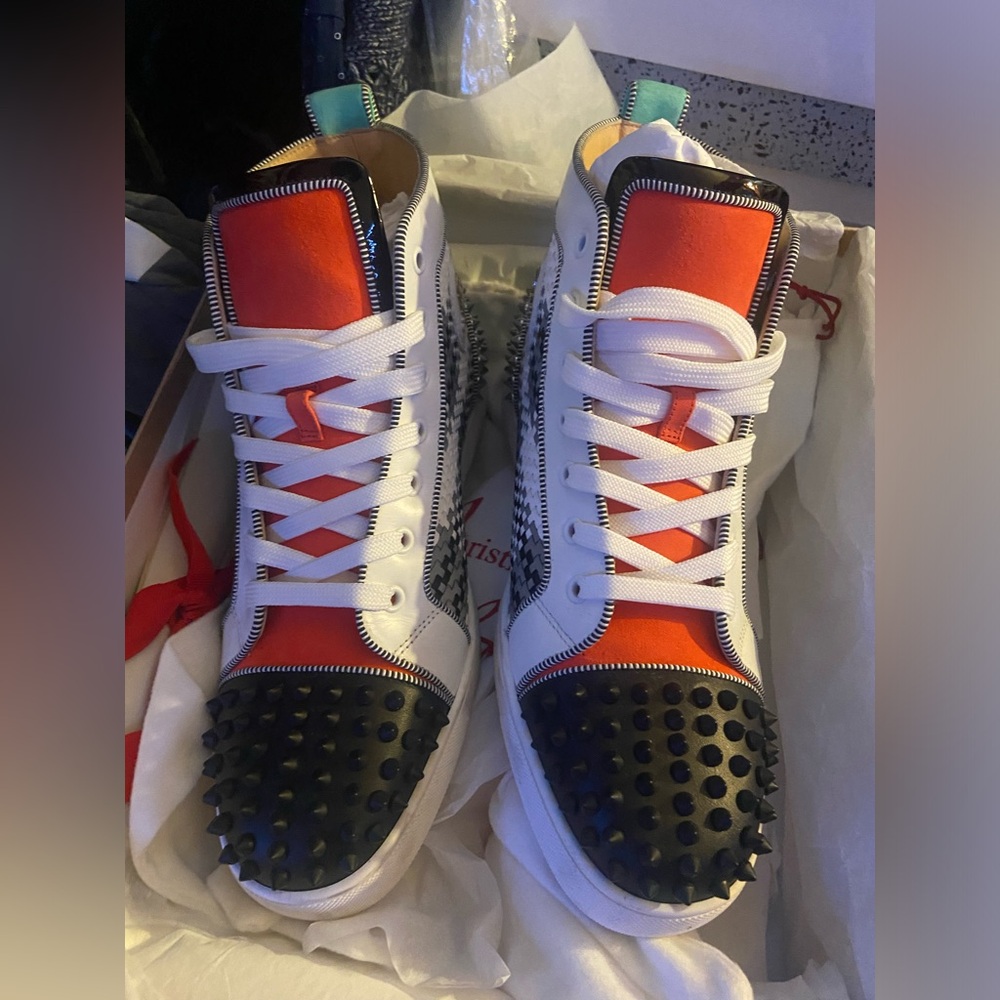 Christian Louboutin White and Red Spiked Sneakers